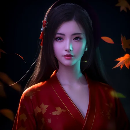 best quality, masterpiece, highres, 1girl,(Beautiful face),chinese clothes,red Taoist robes,upon_body, tyndall effect,photorealistic,atmospheric perspective, dark studio, rim lighting, two tone lighting,(high detailed skin:1.2), autumn leaves,8k uhd, dslr, soft lighting, high quality, volumetric lighting, candid, Photograph, high resolution, 4k, 8k, Bokeh,