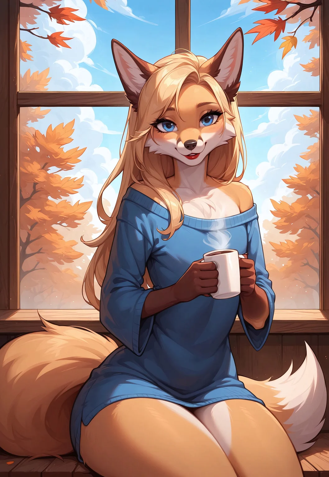masterpiece, score_9_up, score_8_up, score_7_up, score_6_up, source_furry, (best quality:1.1), ultra-detailed, high resolution, highly detailed macro illustration, solo BREAK 1boy, girly, anthro fox, femboy, (beautiful blue eyes), Long eyelashes, Blonde long hair, black nose, red lipstick, slim, fox tail, thick thighs, bottom heavy, (cute expression, cute face:1.1), long blue sweater BREAK sitting by window, drinking coffee, cup, looking at viewer, autumn leaves outside, cozy and warm lighting, indoor, reflective mood BREAK sharp focus, perfect lighting, anatomically correct, extremely detailed, peaceful and serene atmosphere, quiet setting, Highly Visible, sharp focus, perfect lighting, anatomically correct, extremely detailed, high detail, Expressiveh, OverallDetail, zPDXL3