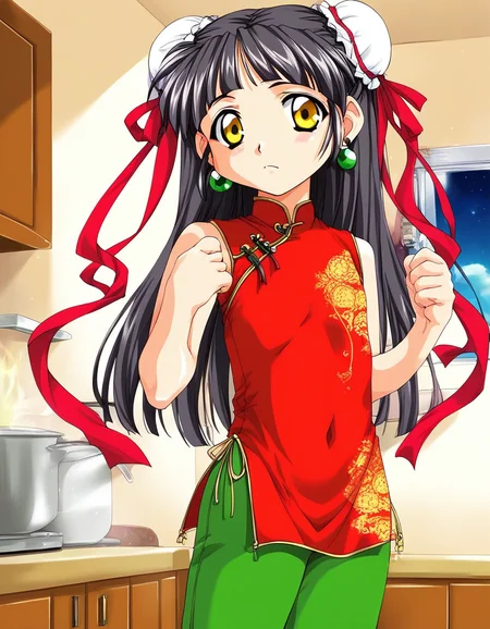 score_9, score_8_up, score_7_up, source_anime, rating_explicit, BREAK  <lora:Kounyan_Ver2.0_XL:1> Kounyan, solo, black hair, long hair, double bun, hair bun, bun cover, yellow eyes, ribbon, earrings,  green_jewelry, short stack,
red china dress, red ribbon,  green pants,  aura, 
looking at viewer, 
cowboy_Shot,
apartment house, room, kitchen,