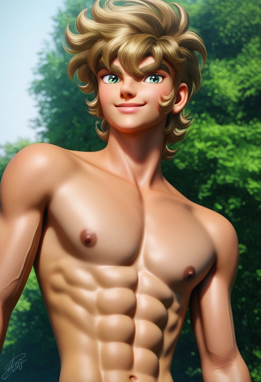 score_9, score_8_up, score_7_up, 1boy, male focus, Jabu, dark blonde hair, wavy hair, bangs, hair between eyes, green eyes, light skin, thick eyebrows, slim muscular, twink, big round pecs, nipples, abs, upper body, portrait, half smile, young, dynamic angle, looking at viewer, male model standing, confident, outdoors, elegant atmosphere, relaxed and carefree vibe, high quality, realistic, hd render, retro artysle, anime source, 1980's style, 1980's anime,