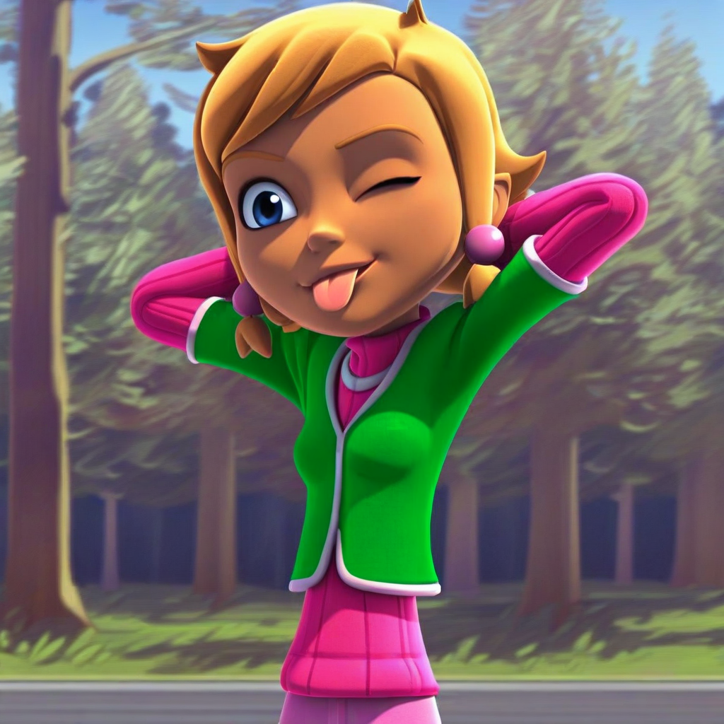 score_9, solo, cathy_mbc, 1girl, blonde_hair, short hair, hair bobbles, blue eyes, sweater, vest jacket, pants, tree, hands behind head, one eye closed, tongue