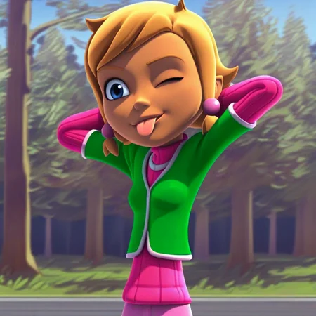 score_9, solo, cathy_mbc, 1girl, blonde_hair, short hair, hair bobbles, blue eyes, sweater, vest jacket, pants, tree, hands behind head, one eye closed, tongue