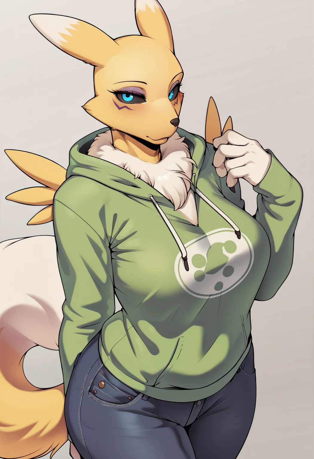 <lora:cervina7-guy-PONY-DORAv201:1> cervina7, score_9, score_7_up, 1girl, solo, furry, renamon, hoodie, portrait, looking at viewer, simple background, long sleeves, jeans