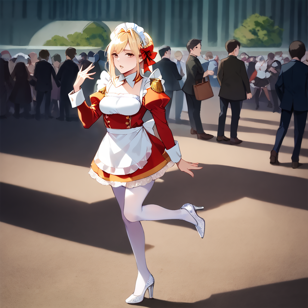score_9, score_8_up, score_7_up, best quality, masterpiece, source_anime,  BREAK
1girl, , blonde hair, maid, maid headdress, apron, dress, pantyhose, long sleeves, epaulettes, puffy sleeves, d dress, frills, arm support, ribbon, high heels, parted lips, indoor
 <lora:Neromaid:1> <lora:Anime Style 2 SDXL_LoRA_Pony Diffusion V6 XL:1>