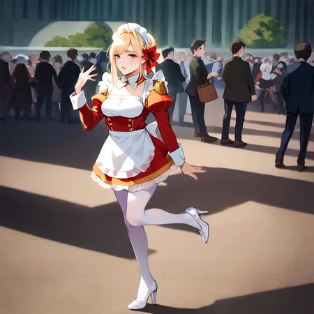 score_9, score_8_up, score_7_up, best quality, masterpiece, source_anime, BREAK
1girl, , blonde hair, maid, maid headdress, apron, dress, pantyhose, long sleeves, epaulettes, puffy sleeves, d dress, frills, arm support, ribbon, high heels, parted lips, indoor
<lora:Neromaid:1> <lora:Anime Style 2 SDXL_LoRA_Pony Diffusion V6 XL:1>