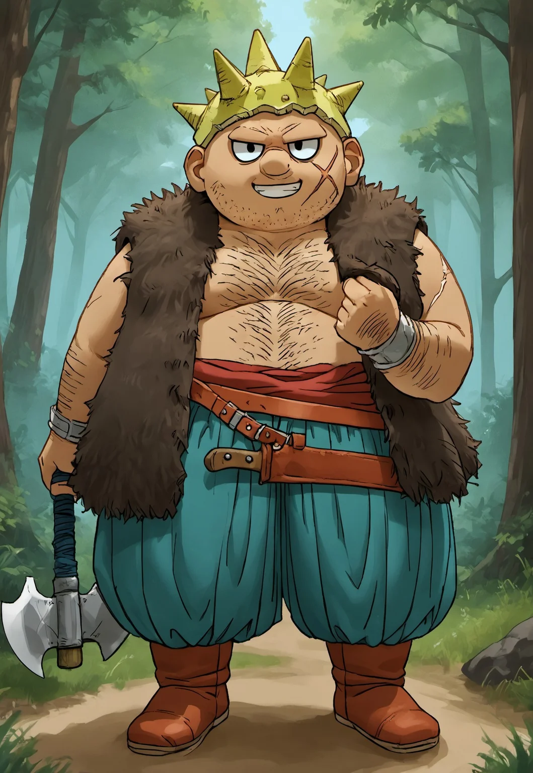 safe_pos, score_9, score_8_up, score_7_up, source_anime, rating_nsfw, ultra hd, absurdres, solo, masterpiece, best quality, best aesthetic, Expressiveh, wolfconf, 1boy
DQYangus, spiked helmet, chest hair, fat, scar on face, fur trim, battleaxe, forest, smiling, looking at viewer, full body, red belt, baggy pants axe, weapon, holding weapon