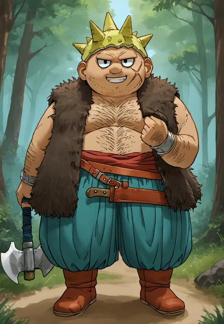 safe_pos, score_9, score_8_up, score_7_up, source_anime, rating_nsfw, ultra hd, absurdres, solo, masterpiece, best quality, best aesthetic, Expressiveh, wolfconf, 1boy

DQYangus, spiked helmet, chest hair, fat, scar on face, fur trim, battleaxe, forest, smiling, looking at viewer, full body, red belt, baggy pants axe, weapon, holding weapon