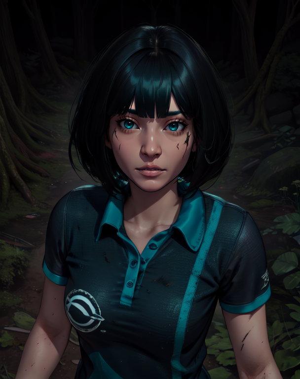 FengMin,black bob cut,
standing,dirty,upper body,
black and teal collared shirt,short sleeves,
nighttime,forest,horror movie,cabin,from above,(cleavage:0.7),
(insanely detailed, beautiful detailed face, masterpiece, best quality) cinematic lighting,
<lora:FengMin-10v6:0.8>,