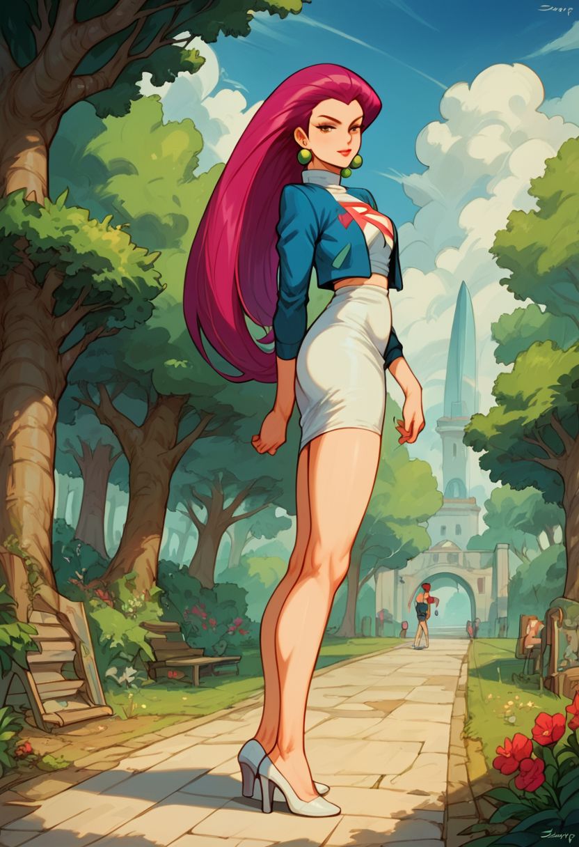Score_9_up, score_8_up, score_7_up, Jessie (pokemon), outdoors, , head is tilted, looking at viewer, feet to viewer, full body, shoe dangle