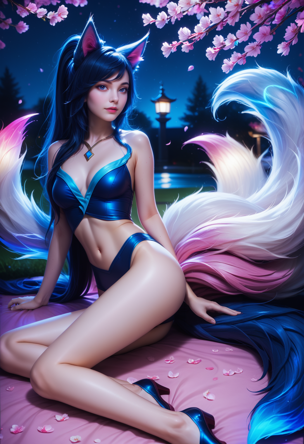 bluefoxeij, lying, cherry blossom petals, flowers, night sky, cherry blossoms, dark, moonlight, dimmed light, from avove <lora:BlueFoxeijPONY-000002:1>