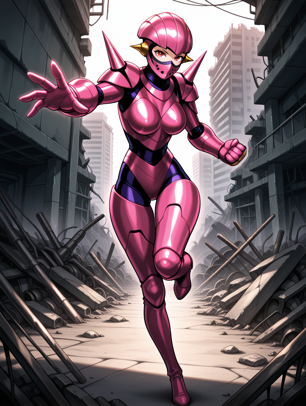 incoming punch,full armor,robot girl,robolady,1girl,solo,clenched hands,full body,pink thigh boots,looking at viewer,covered mouth,mouth mask,pink helmet,pink armor,shoulder spikes,pink gauntlets,purple bodystocking,ruins,factory,outstretched hand,shiny,fighting stance,standing on one leg,
masterpiece,best quality,amazing quality,very aesthetic,absurdres,newest,<lora:Robolady illuXL v1:0.7>,