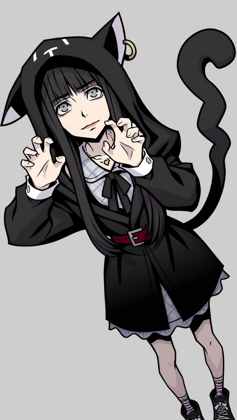 anime screencap, absurdres, high quality, official style, shokaNEO, 1girl, solo, long hair, black hair, grey eyes, grey plaid dress, black ribbon, cat hoodie, red belt, cat socks, black shoes, necklace, standing, AddXL,grey background, high angle,  from above, top down, neutral expression,looking up at viewer, dutch angle, depth of field, cat hoodie, small smile, Perfect Hands,