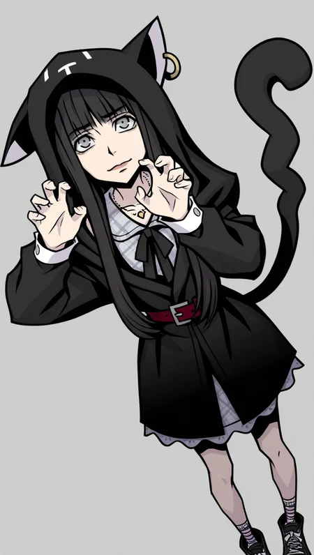 anime screencap, absurdres, high quality, official style, shokaNEO, 1girl, solo, long hair, black hair, grey eyes, grey plaid dress, black ribbon, cat hoodie, red belt, cat socks, black shoes, necklace, standing, AddXL,grey background, high angle,  from above, top down, neutral expression,looking up at viewer, dutch angle, depth of field, cat hoodie, small smile, Perfect Hands,