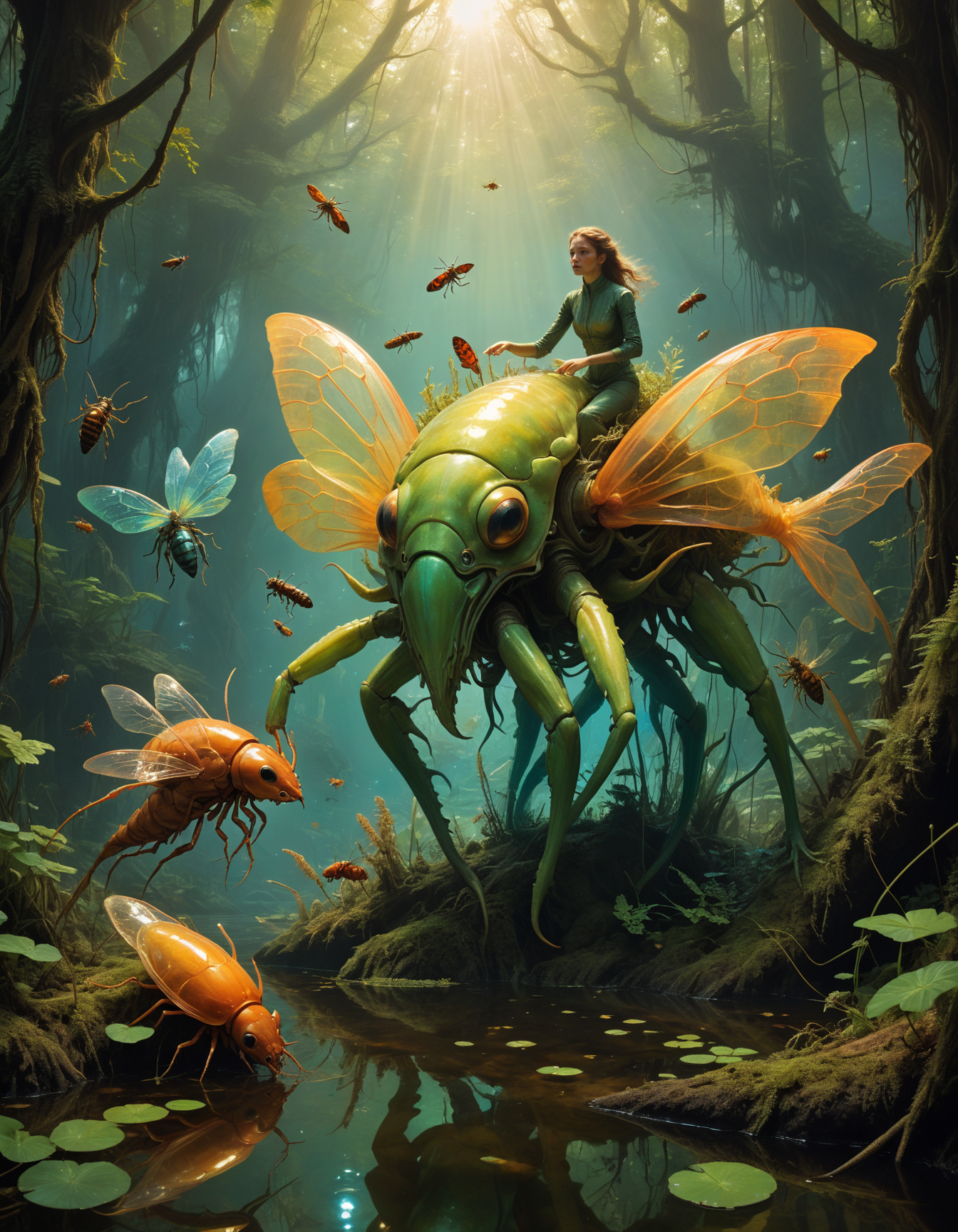 hyper realistic and highly detailed, by Annie Leibovitz and Sachin Teng,  famous artwork by (jules breton:1.3) and (winona nelson:1.1), (dramatic scene:1.1), (fractal art:0.4), fantasy style, dynamic angle, this (bioluminescent creature:1.3), the old-fashioned seasarg with its iridescent hide hunts exibilliarouted (colorful insects:1.1) in the hazy life-teeming swamps on planet xylokron ii, its hazzarblinked body casting a soft, pulsing flingboudeling glow on the surroundings, panoramic wide angle shot, phenomenally beautiful,  otherworldly, award winning, film grain, dramatic lighting, movie still frame, depth of field,  (masterful, professional, intricate details, masterpiece, best quality:1.5)
<lora:add-detail-xl:0.5> <lora:xl_more_art-full_v1:0.5>