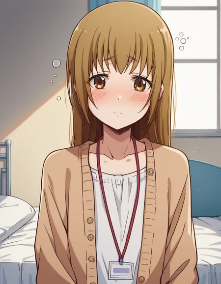 score_9, score_8_up, score_7_up, source_anime, <lora:saya-miyoshi-s1-ponyxl-lora-nochekaiser:1>, saya miyoshi, long hair, brown hair, brown eyes,, collarbone, cardigan, id card, lanyard,, indoors, bed, bed room, on side, blush, drunk, looking at viewer, solo,, cowboy shot, dutch angle