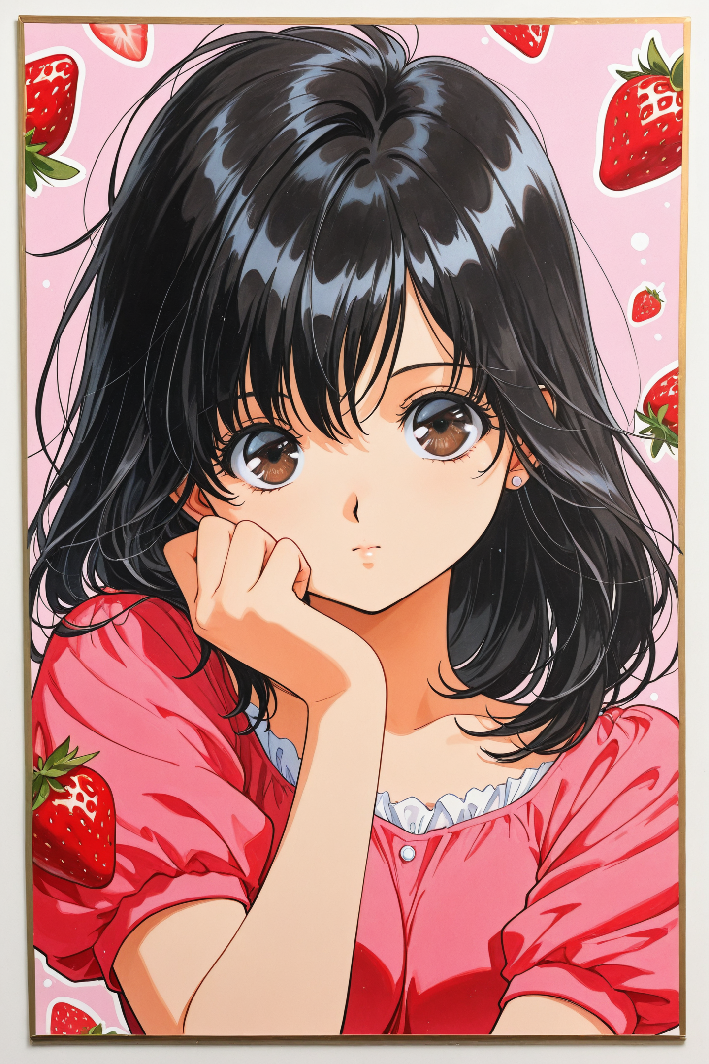 Toujou Aya,1girl,solo,strawberry,food,fruit,black hair,brown eyes,looking at viewer,closed mouth,retro artstyle,traditional media,
<lora:Mizuki Kawashita_illustriousXL:0.4>,
<lora:hrn_yc_illustriousXL:1>,