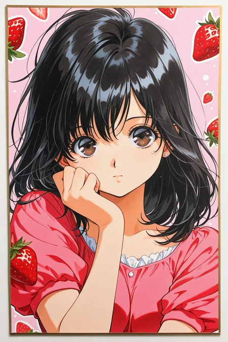 Toujou Aya,1girl,solo,strawberry,food,fruit,black hair,brown eyes,looking at viewer,closed mouth,retro artstyle,traditional media,
<lora:Mizuki Kawashita_illustriousXL:0.4>,
<lora:hrn_yc_illustriousXL:1>,