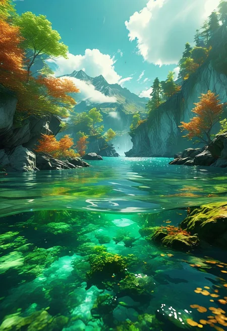(ultra high res:1.4), (masterpiece), (beautiful lighting:1.4) , burning lush green forest, Mountains, Bright sunlight illuminates the crystal-clear water, (deep underwater), anime, half above water and half below water, (clear underwater), beautiful sky with clouds and smoke, embers landing on the water, fish, depth