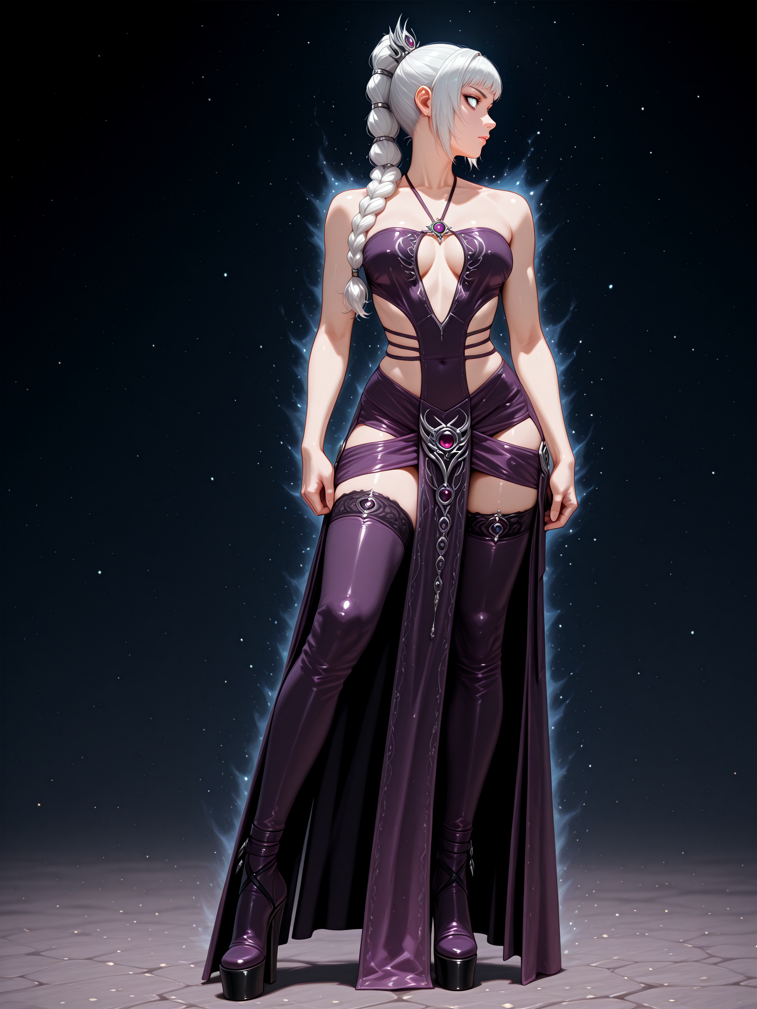 masterpiece, amazing quality, best quality, ultra-detailed, 8K, ultra-detailed-eyes, newest, highres, absurdres, solo, 1girl,  (realistic),
<lora:FashionNova-2Piece:0.6> fashi0nn0va-twopiec3, thick outline,
shadowheart baldur's gate 3, dark purple outfit, white hair, ponytail, braid, serious,  strappy dress, fullbody, grey eyes, no makeup, thighs, thin waist, from front, looking away, profile, strappy dress, thighhigh boots, platform heel, dark landscape, <lora:reij-rt:1.5> <lora:spo_sdxl_10ep_4k-data_lora_webui:1.5>