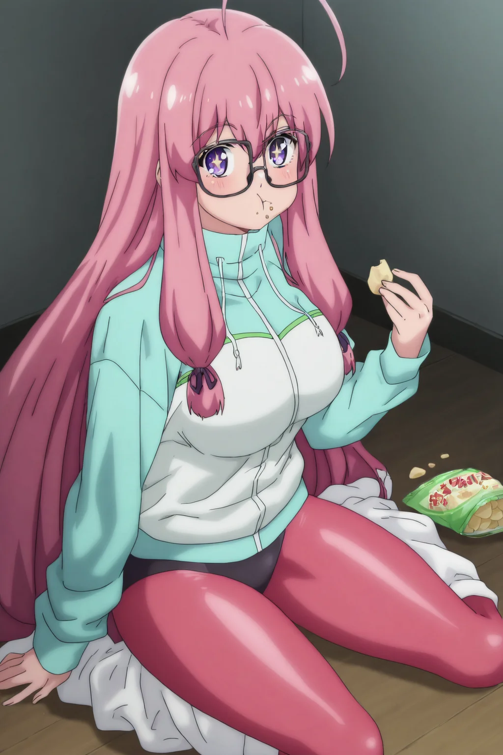 masterpiece, best quality, absurdres, highres, cinematic light, 1girl, <lora:ideura_shizuri:1>, shizuri_wz, very long hair, pink hair, sidelocks, ahoge, hair ornament, purple eyes, glasses, large breasts, pink bodysuit, track jacket, two-tone jacket, blue jacket, white jacket, loose socks, white socks, neet de otaku na kunoichi to naze ka dousei hajimemashita, sitting, on floor, indoors, room, looking at viewer, eating, holding potato chips, crumbs, +_+, <lora:anime_screencap:1> anime screencap, anime coloring