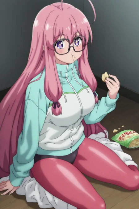 masterpiece, best quality, absurdres, highres, cinematic light, 1girl, <lora:ideura_shizuri:1>, shizuri_wz, very long hair, pink hair, sidelocks, ahoge, hair ornament, purple eyes, glasses, large breasts, pink bodysuit, track jacket, two-tone jacket, blue jacket, white jacket, loose socks, white socks, neet de otaku na kunoichi to naze ka dousei hajimemashita, sitting, on floor,  indoors, room, looking at viewer, eating, holding potato chips, crumbs, +_+,  <lora:anime_screencap:1> anime screencap, anime coloring