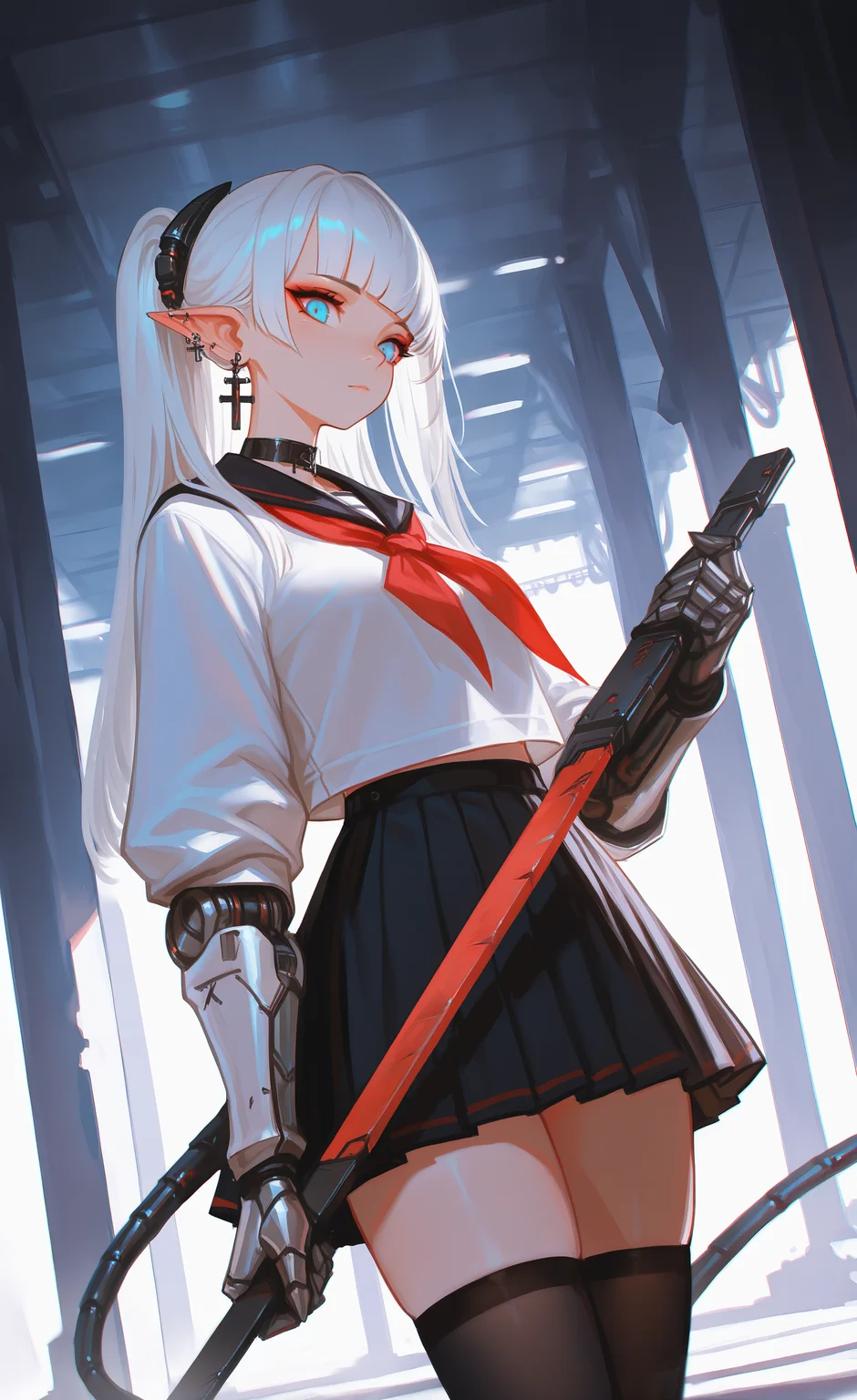 masterpiece, best quality, good quality, very aesthetic, absurdres, newest,
dynamic angle,Dutch Angle,
Dystopian, 1girl, solo, long_hair, breasts, blue_eyes, shirt, skirt, long_sleeves, red_eyes, thighhighs, holding, jewelry, school_uniform, tail, white_shirt, white_hair, weapon, cowboy_shot, earrings, pleated_skirt, pointy_ears, serafuku, black_thighhighs, black_skirt, blunt_bangs, sailor_collar, miniskirt, holding_weapon, piercing, ear_piercing, gauntlets, red_neckerchief, black_sailor_collar, mechanical_arms, cross_earrings, mechanical_tail, looking_at_viewer,
shadowy lighting, cinematic atmosphere, Cinematic Lighting, <lora:ponyv5_noobE11_1_adamW-000013:1> <lora:USNR_STYLE_XL_lokr:0.8>