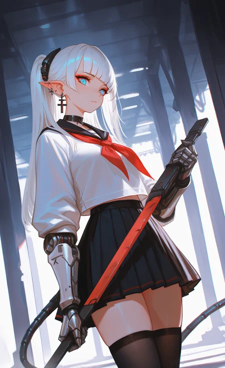 masterpiece, best quality, good quality, very aesthetic, absurdres, newest,
dynamic angle,Dutch Angle,
Dystopian, 1girl, solo, long_hair, breasts, blue_eyes, shirt, skirt, long_sleeves, red_eyes, thighhighs, holding, jewelry, school_uniform, tail, white_shirt, white_hair, weapon, cowboy_shot, earrings, pleated_skirt, pointy_ears, serafuku, black_thighhighs, black_skirt, blunt_bangs, sailor_collar, miniskirt, holding_weapon, piercing, ear_piercing, gauntlets, red_neckerchief, black_sailor_collar, mechanical_arms, cross_earrings, mechanical_tail, looking_at_viewer,
shadowy lighting, cinematic atmosphere, Cinematic Lighting, <lora:ponyv5_noobE11_1_adamW-000013:1> <lora:USNR_STYLE_XL_lokr:0.8>