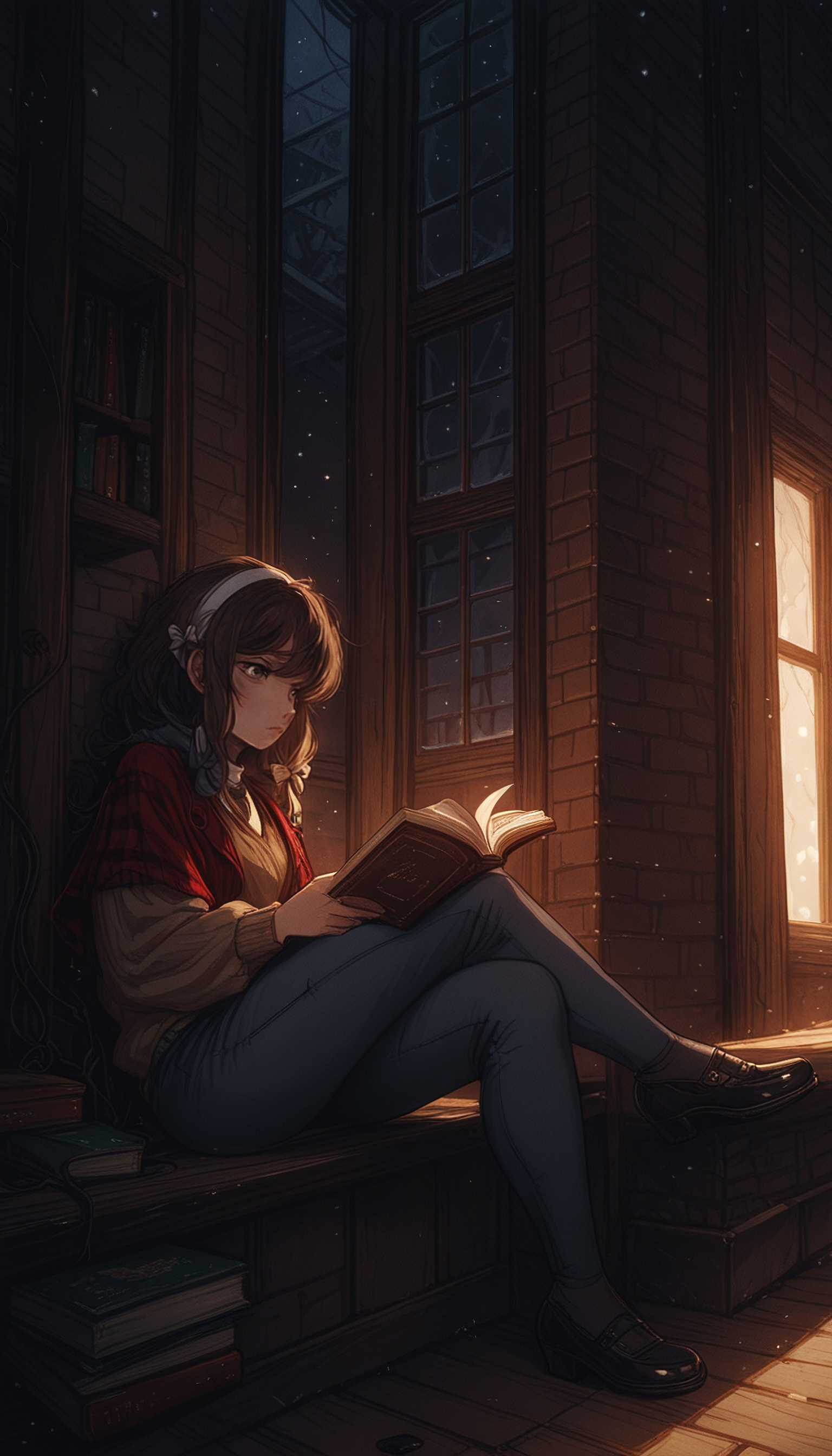 masterpiece,
perfect eyes, vivid colors, vibrant colors,
pinkretroanime, retro art, (lineless:1.5), smooth edges, In the image, there is a young woman with dark hair and an attentive expression, seated in a dimly lit room with large windows that allow a soft glow to fill the space. She is comfortably settled on a window sill, her legs crossed. Dressed in a plaid shirt paired with jeans, she exudes a casual yet thoughtful vibe. In her hands, she holds an open book, its pages illuminated by the ambient light from the windows. The room itself has a rustic charm, with exposed brick walls that add to the warm and inviting atmosphere. A wooden bookshelf sits in the corner, filled with other books, suggesting a space dedicated to reading and learning. The woman's position on the windowsill provides a clear view of her engrossed in her book, highlighting the quiet solitude of the moment., 1girl, solo, long hair, looking at viewer, blush, short hair, bangs, skirt, brown hair, shirt, black hair, hair ornament, long sleeves, bow, ribbon, holding, hair between eyes, brown eyes, jewelry, sitting, closed mouth, blue hair, jacket, full body, hair ribbon, hair bow, pantyhose, sidelocks, thighs, hairband, outdoors, parted lips, necktie, shoes, day, striped, indoors, medium hair, necklace, black footwear, high heels, from side, sweater, legs, looking to the side, book, plaid, black pantyhose, window, capelet, night, looking away, expressionless, crossed legs, white bow, loafers, building, scenery, white ribbon, light particles, mary janes, ribbed sweater, holding book, shawl, white hairband, wooden floor, snowing, open book, door, bookshelf, reading, brick wall, book stack, cable knit, wooden wall, bookmark, looking outside, windowsill