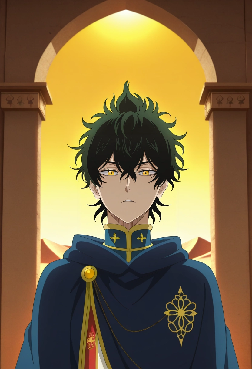 masterpiece, best quality, , anime screencap, anime coloring, official style, looking at viewer, 1boy, solo, male focus, <lora:yuno_black_clover_ilxl:1>, yuno_black_clover, black hair, yellow eyes, short hair, hair between eyes, , desert citadel, sandstone arches, shimmering sands, wind sculptures, exploring pose, awed expression, midday heat,