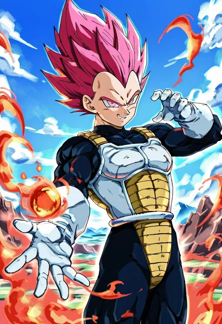 masterpiece, best quality,   dbzhyp3ABO, solo, smile, gloves, 1boy, pink hair, male focus, red hair, sky, day, white gloves, pink eyes, armor, bodysuit, muscular, fire, spiked hair, aura, super saiyan, incoming attack, saiyan armor, vegeta  , <lora:DragonballHype_IXL:1.0>,