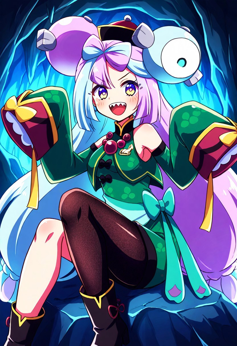 1girl, solo, sitting, on_rock, full_body, close-up, cave, falliono, purple_eyes, sharp_teeth, multicolored_hair, two-tone_hair, character_hair_ornament, bow-shaped_hair, chinese_hat, green_dress, deatached_sleevees, sleevees_past_wrists, very_long_sleevees, necklace, beads, single_leg_pantyhose, boots, black_footwear