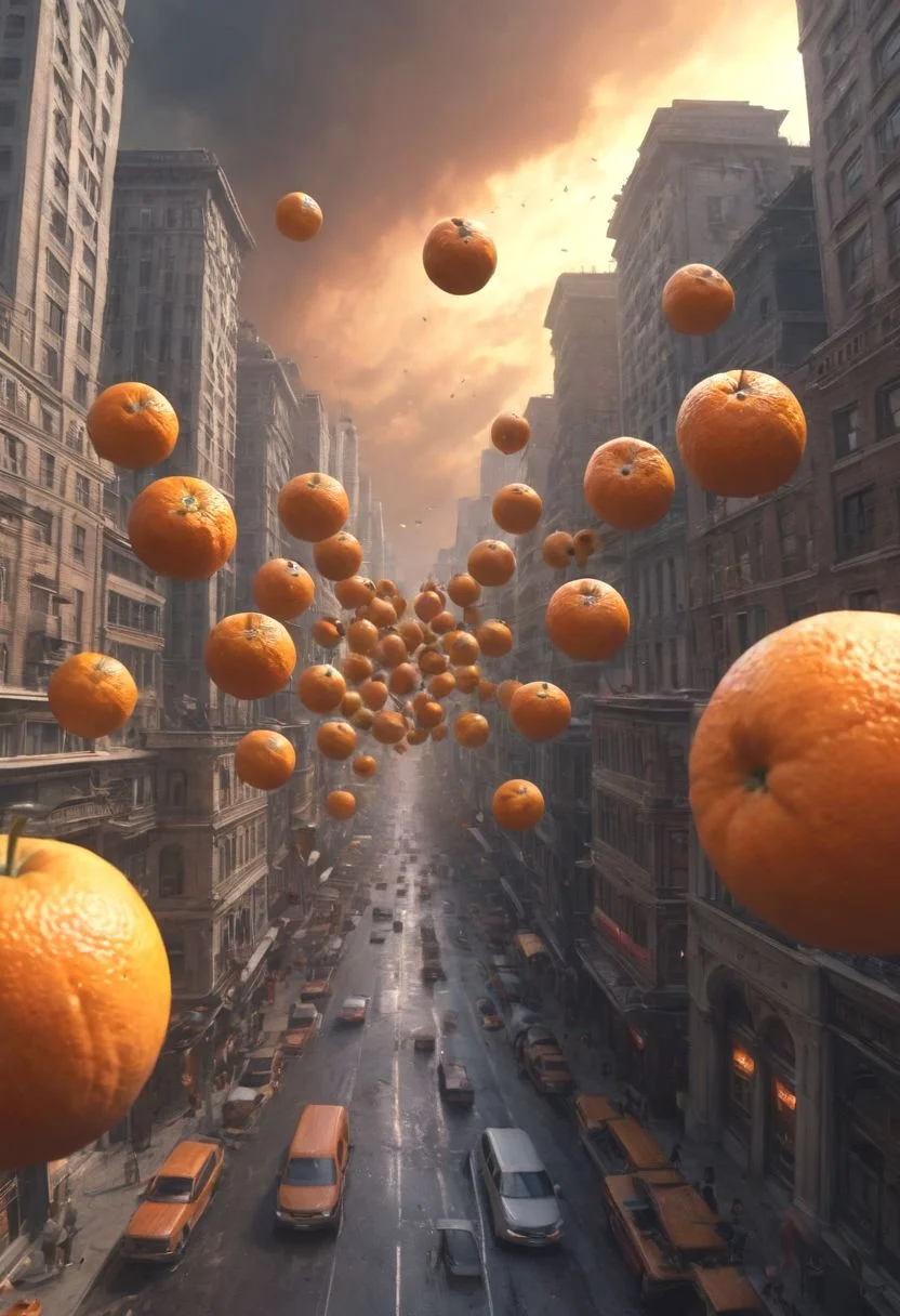 fantasy, horror fantasy, giantic orange fruit flying above city full of afraid people, pov of sidewalk, uhd 8k hyper-realistic intricate detail