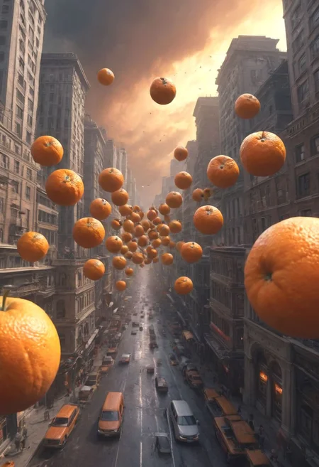 fantasy, horror fantasy, giantic orange fruit flying above city full of afraid people, pov of sidewalk, uhd 8k hyper-realistic intricate detail