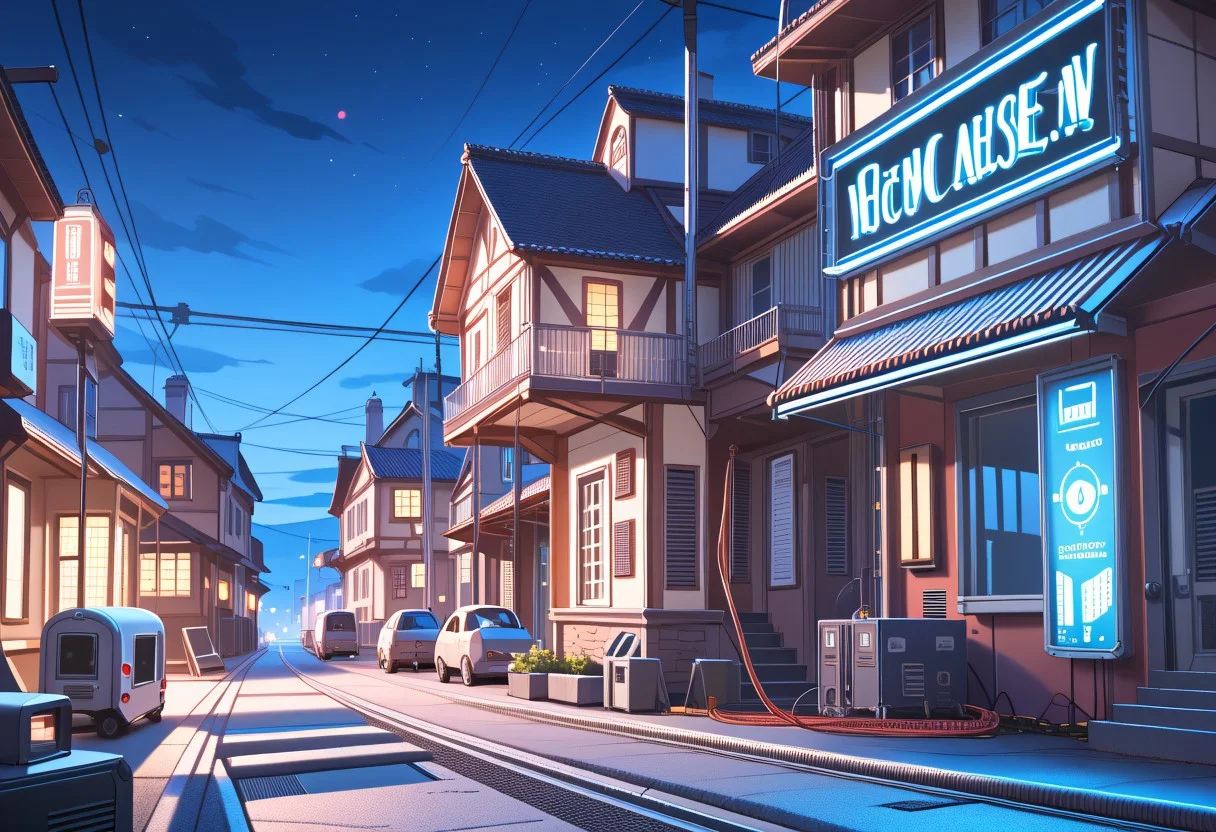 score_9, score_8_up, score_7 ,ruanyi0779, science fiction, neon lights, cable, industrial pipemevicab, scenery, village, houses, townhouses, square, reddish night, two moons in the background