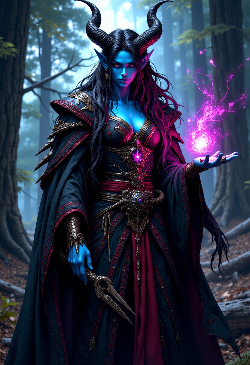 mythp0rt, monster girl, very beautiful, wizard, black robe, red trim, long hair, horns, scales, blue and purple gradient skin, magic on finger, in the forest, fantasy, solo focus,epic, concept art, realistic, highly detailed, upper body, looking at viewer
<lora:FluxMythP0rtr4itStyle:0.8>