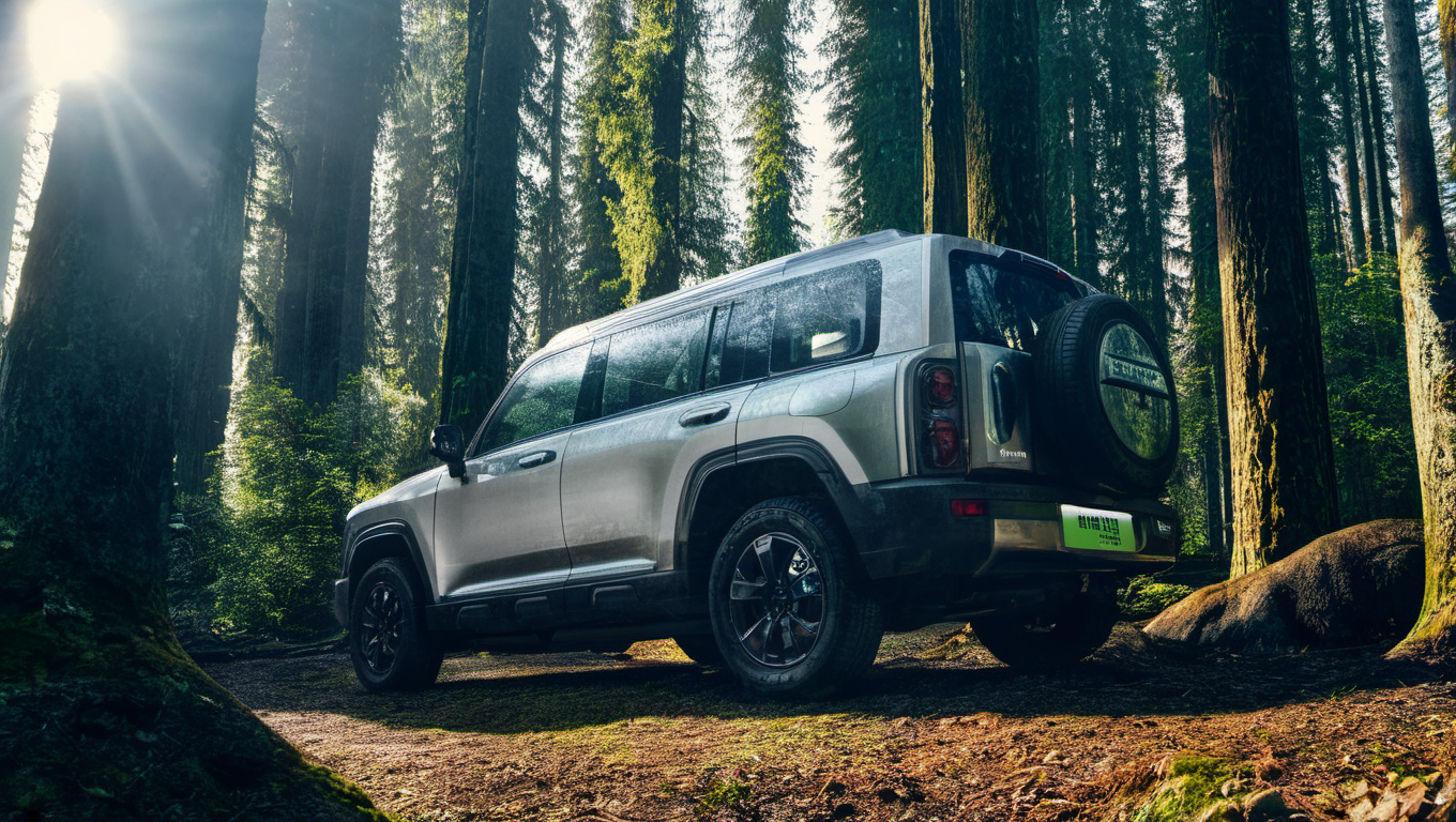 a silve menglong b26 in frontend view, parking  on the middle of the forest, huge trees glowing around. photo, realistic <lora:sdxl_menglong_b26_9_16:1.0>