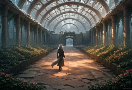 score_9, score_8_up, score_7_up,  fullbody, 1girl, furry, anthro, gray fur, wolf tail, wolf, solo, fullbody, backview, looking arround in wonder, masterpiece, best quality, very aesthetic, close up, gray hair, gray twin braids, green eyes, standing in the ruins of botanic garden with glass ceiling, overgrown, trees, frozen flowers, plants,  broken glas, snow patches ray of light, dark sky, low light, white snow, (postapocalyptic city), d, dark, worried, concerne, ragged winter clothes