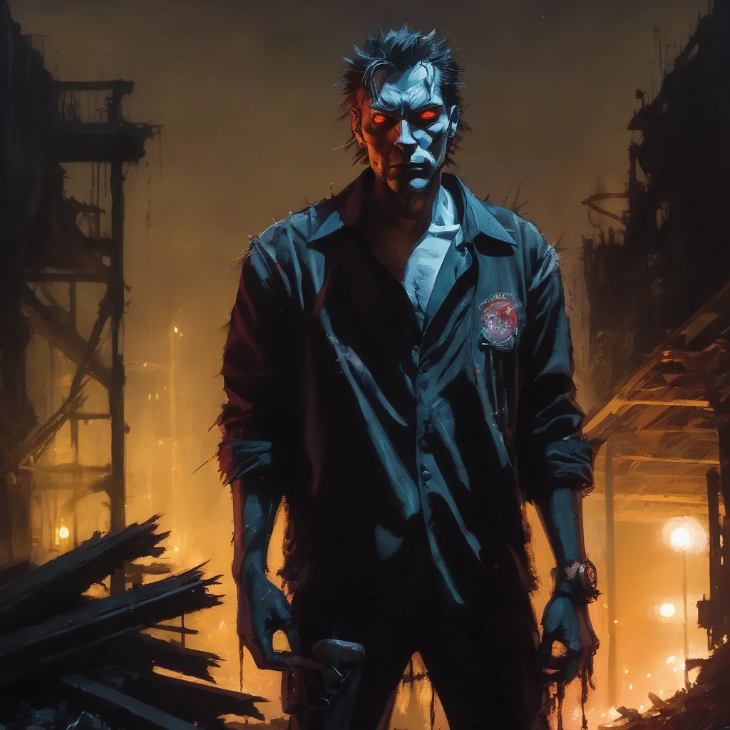 VtmArt, painting of a feral looking man with glowing eyes and claws in the middle of a scrapyard at night, <lora:VtmArt:1.3>, (masterpiece:1.3), dark night