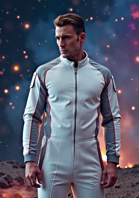A portrait photograph of a man in a white jumpsuit with gray and red accents. He is standing in a cosmic abyss, with colorful elements of stars and the cosmos passing behind and around him. He stands confidently, though he looks down slightly, with a sense of doubt and uncertainty.