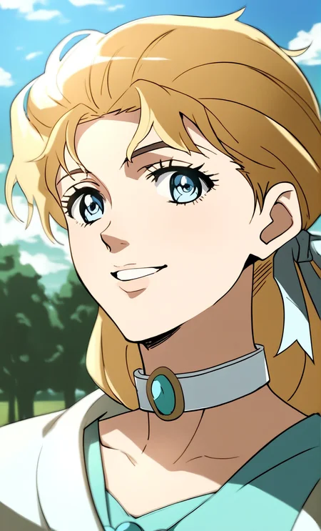 j0j0, score_8_up, score_7_up, source_manga, rating_questionable, <lora:j0j0XLP:0.4>, er1n4a, girl, blonde hair, messy hair, ribbons, blue eyes, smile expression, jewelled choker, teal dress, coat, close up, outdoors, at a barn in the countryside, <lora:JoJos_Bizarre_Adventure_Erina_Pendleton_-_Pony:0.8>