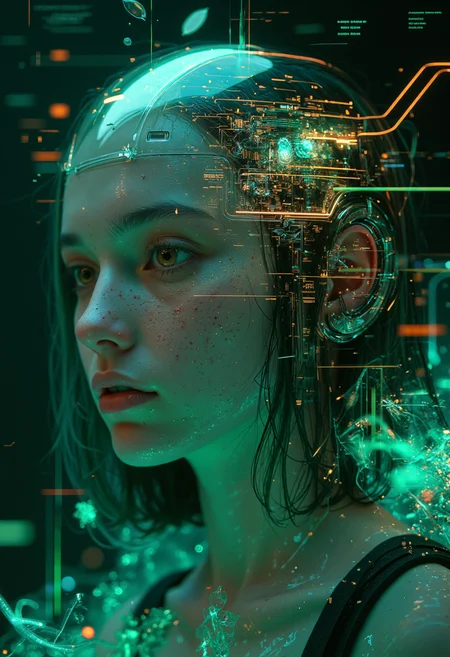 A highly detailed close-up portrait of a synthetic female with a translucent semi-transparent crystalline skull. (blending form with reality:1.35). Surrounding her, (floating holographic coding languagesâsymbols:1.5), (algorithms:1.5), and (streaming data:1.5) in radiant greens and silversâflicker and merge with her glowing circuits as though part of her body. Her translucent brain subtly glowing with soft blue and orange, while bioluminescent circuits pulse across her body in rhythm giving her an inner glow. Her expression is serene and otherworldly, with faint glimmers of light reflecting off her metallic, smooth skin. The background is a futuristic lab with glowing holographic interfaces in soft greens, slightly blurred to emphasize the subject. Cinematic lighting highlights the circuitry, creating a glowing aura effect. The scene captures the intersection of artificial beauty and cutting-edge technology.