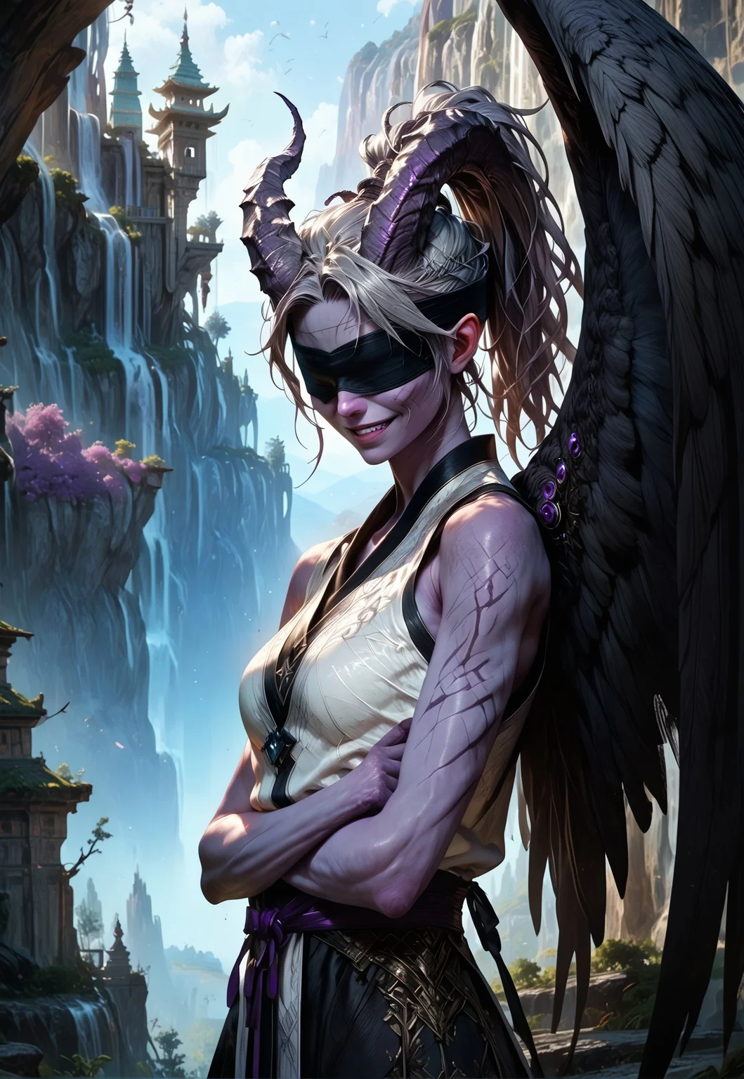 (absurdres, best quality, masterpiece:1.4), 
score_9, score_8_up, score_7_up, score_6_up, 
detailed, 
detailed body, 
detailed face, 
(((smooth skin, unbroken skin, detailed skin))), 
fantasy, 
alone, 

female, 
tiefling, 
h0rns, 
ram horns, 
black horns, 
tall, 
((((purple skin)))), 
((long grey hair, ponytail)), 
(((wingsd, black wings))),

crossed arms, arms across stomach, 
soft smile,

(white robe, sleeveless, 
blindfold, black cloth blindfold), 

depth of field, 
outdoors, 
mountain temple, 
upper body