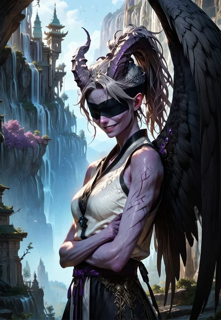 (absurdres, best quality, masterpiece:1.4),
score_9, score_8_up, score_7_up, score_6_up,
detailed,
detailed body,
detailed face,
(((smooth skin, unbroken skin, detailed skin))),
fantasy,
alone,
female,
tiefling,
h0rns,
ram horns,
black horns,
tall,
((((purple skin)))),
((long grey hair, ponytail)),
(((wingsd, black wings))),
crossed arms, arms across stomach,
soft smile,
(white robe, sleeveless,
blindfold, black cloth blindfold),
depth of field,
outdoors,
mountain temple,
upper body