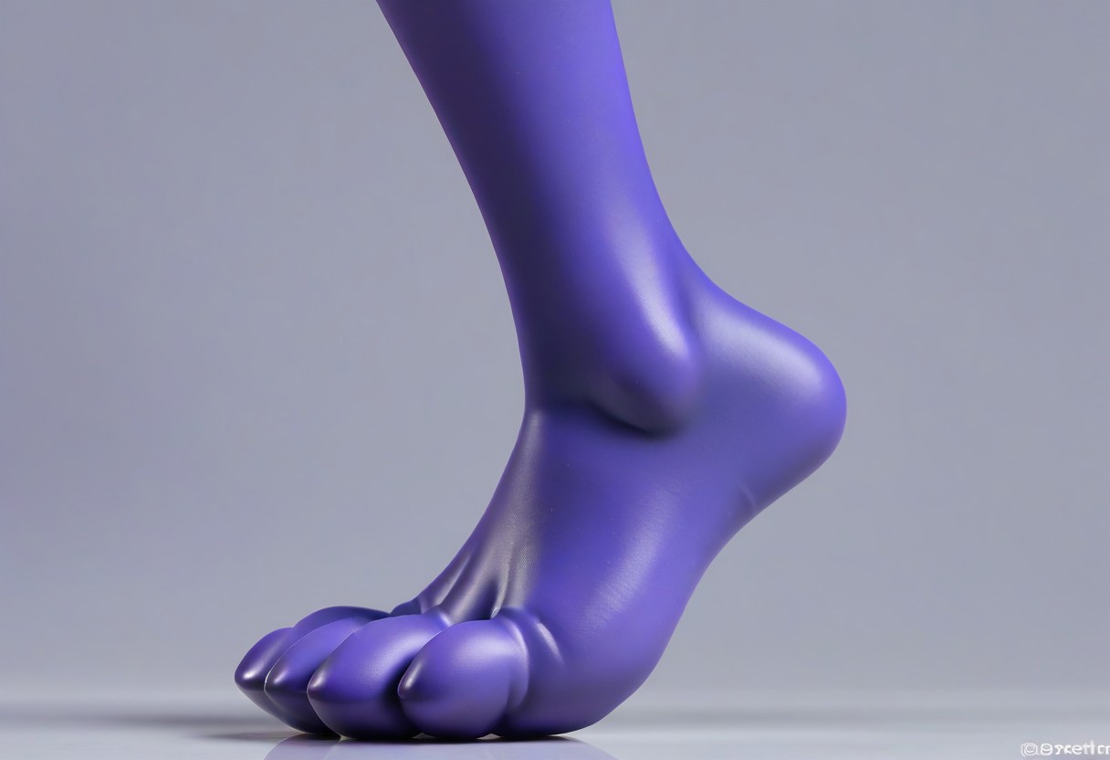 tox_lowkey, barefoot, purple feet, blue soles, 3 toes, standing, foot focus, close-up