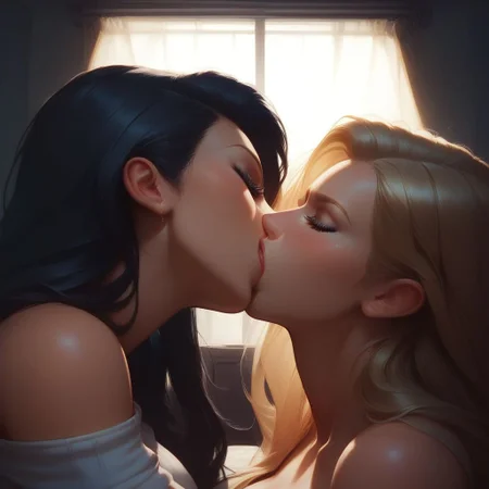soft painting style, score_9, volumetric lighting, 2girls, girls, deep kiss, kiss, head tilt, yuri, close-up, long hair, black hair, blonde hair, indoors