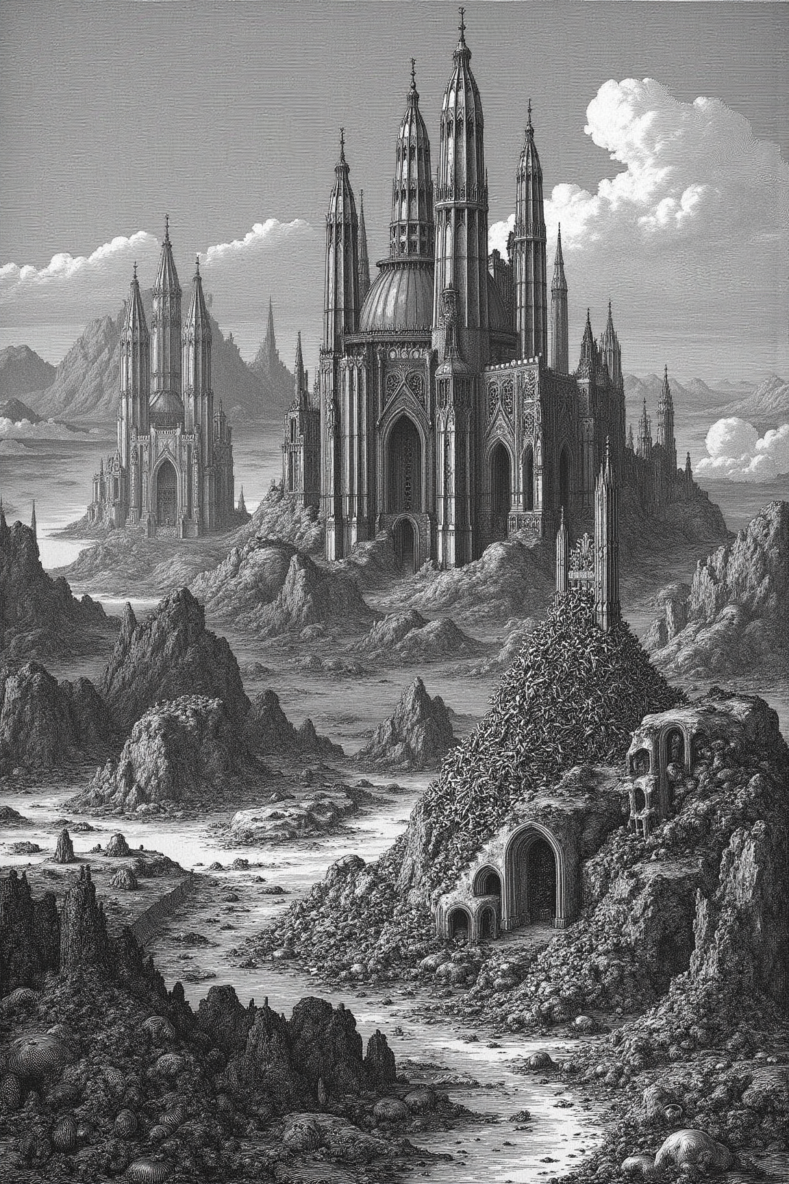 YFG-LBGadgets, YFG-Durer, A hauntingly beautiful scene of a medieval landscape, where the ruins of a once grand city are sprawled out before you. In the foreground, you see a pile of eroded bones, the remnants of the city's past inhabitants. But as your eyes adjust, you notice something truly remarkable - a cluster of cathedrals rising up, built from the very bones of those who came before. The buildings are tall and ornate, their intricate carvings and arching structures reflecting the devotion and dedication of their creators. The effect is both eerie and awe-inspiring, a testament to the enduring spirit of mankind. 8K, masterpiece, high detail, extreme sharpness