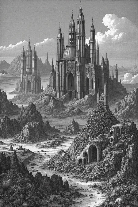 YFG-LBGadgets, YFG-Durer, A hauntingly beautiful scene of a medieval landscape, where the ruins of a once grand city are sprawled out before you. In the foreground, you see a pile of eroded bones, the remnants of the city's past inhabitants. But as your eyes adjust, you notice something truly remarkable - a cluster of cathedrals rising up, built from the very bones of those who came before. The buildings are tall and ornate, their intricate carvings and arching structures reflecting the devotion and dedication of their creators. The effect is both eerie and awe-inspiring, a testament to the enduring spirit of mankind. 8K, masterpiece, high detail, extreme sharpness