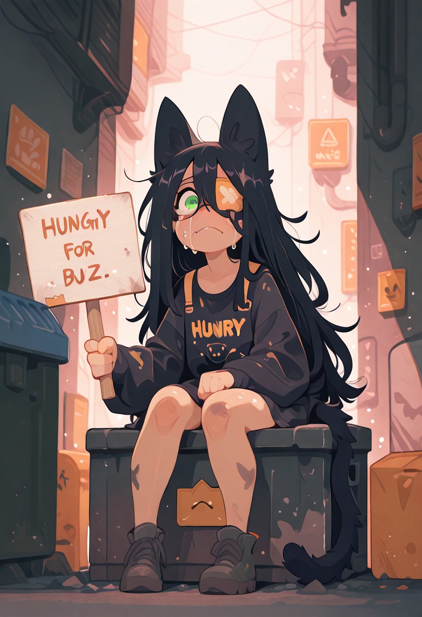 Woman. Demihuman dog. Black messy long hair. Green eyes. Eyepatch over left eye. Cat ears and tail. Dirty. Alleway background. Crying. Sitting in a dumpster. Old clothes. Alley background. (holding sign saying ("Hungry for BUZZ")