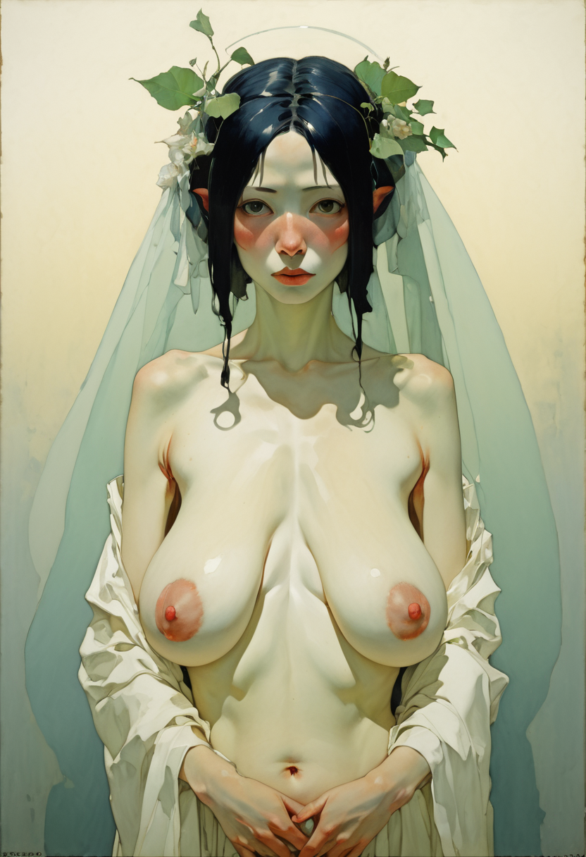 empty breasts, elven, bride, girl, joseph lorusso, bill gekas, ferdinand hodler, makoto shinkai, tim walker  <lora:sagging-v1.3:1>