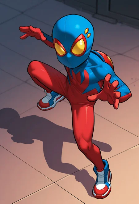 1boy, male focus, cute boy, BaileyBriggs, Mask, Yellow Eyes, Spiderboy Costume, Two-tone Bodysuit, Red Bodysuit, Blue Bodysuit, Red Blue Sneakers, cinematic, intricately detailed illustration, depth of field, masterpiece, best quality, amazing quality, very aesthetic, absurdres, newest, very awa, shadow, dynamic angle, casual cosplay, dynamic pose, action pose,